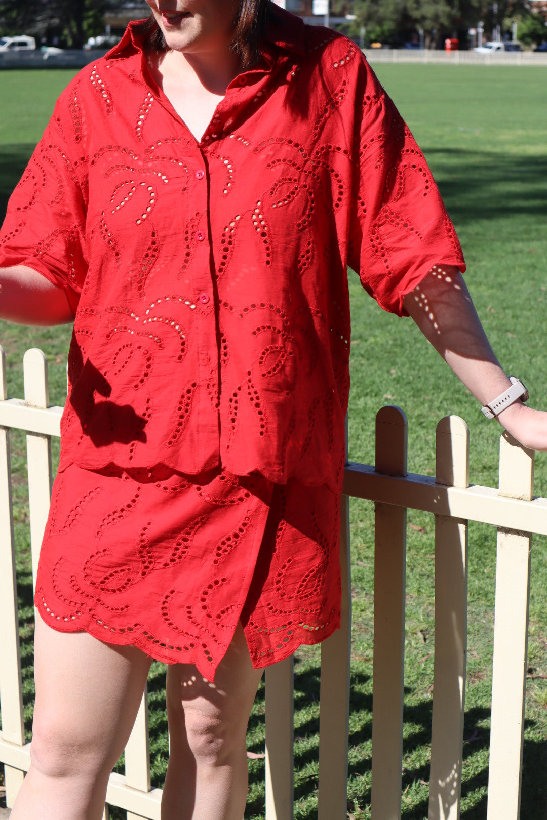 CHERRY RED COTTON ANGLAISE SHIRT