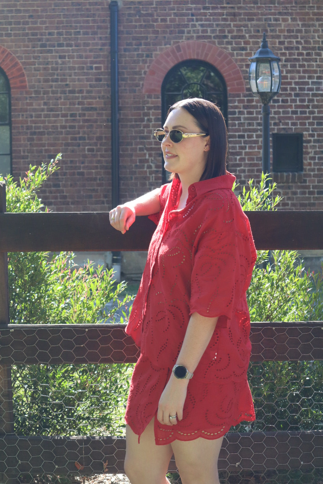 CHERRY RED COTTON ANGLAISE SHIRT