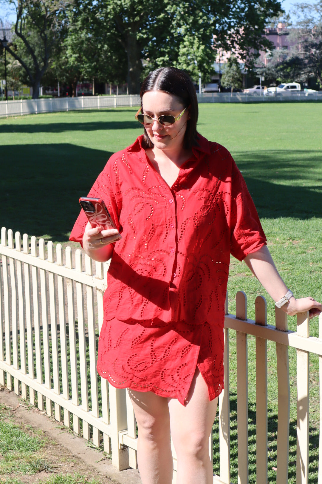 CHERRY RED COTTON ANGLAISE SHIRT