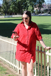 CHERRY RED COTTON ANGLAISE WRAP SKIRT