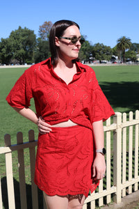 CHERRY RED COTTON ANGLAISE WRAP SKIRT